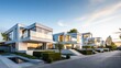Row of sleek, contemporary houses with geometric designs and glass facades