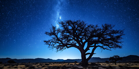 Majestic tree silhouette against starry night sky