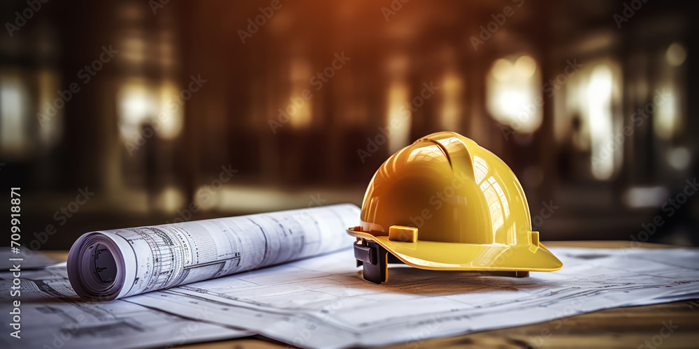 Engineering plans and a safety helmet on a bright, organized worktable ...