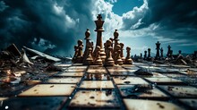 Solitary Chess King Stands Tall Amidst A Backdrop Of Falling Pieces