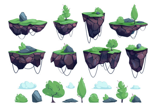 Floating game ground. Cartoon rock grass water river and air, floating level design for 2D game and app. Vector landscape with rocks and grass of flying game platform illustration illustration