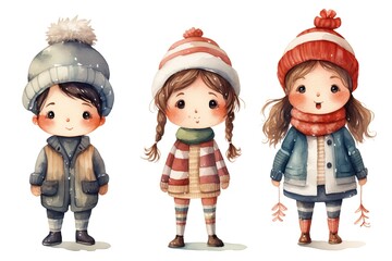 Wall Mural - watercolor illustration with grungy texture, cute kids boys and girls in winter coat , collection set isolated on white background,  idea for junk journal or scrapbook design, generative Ai