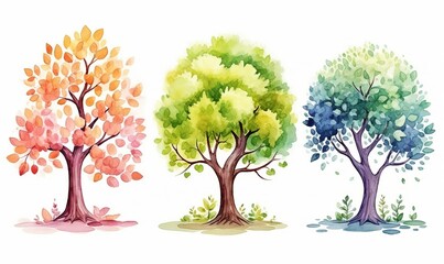 watercolor illustration with grungy texture, fantasy fairytale forest tree , collection set isolated on white background,  idea for junk journal or scrapbook design, generative Ai