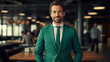 © The img - Confident formal wear man looking at camera portrait image. Bearded male in green suit photography studio shot. Formalwear guy smiling picture photorealistic. Concept photo realistic