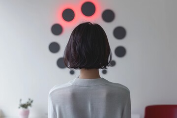 Wall Mural - Rear view of a woman with a bob hairstyle imitating a Conceptual loading symbol (throbber) on a computer