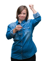 Poster - Young adult woman with down syndrome drinking water over isolated background annoyed and frustrated shouting with anger, crazy and yelling with raised hand, anger concept