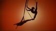Silhouette of two female acrobats isolated on orange neon background. Girls aerial dancers performing acrobatic splits on ropes.