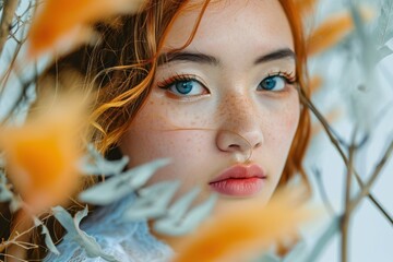 Wall Mural - Young woman looking through branches in studio