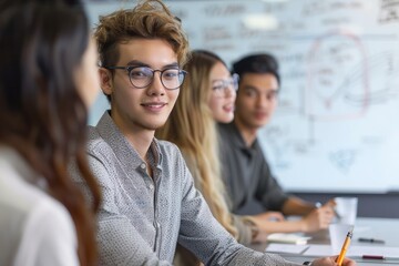 Wall Mural - Young business people having a meeting in board room