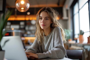 Wall Mural - Casual businesswoman using laptop in office