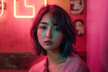 Wall Mural - Portrait of young asian female woman in pink room with neon lights