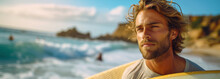 Surfer Man On The Beach Holding Surf Board Watching Ocean Waves  Close Up Face