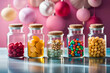 glass jars full of colorful candies and bubble gums