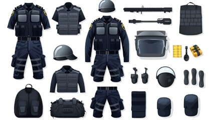 Police equipped with different material in the foreground vector.Thai police equipment on white background.Police offer'equipment.


