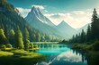 Picture the tranquility of a narrow river flowing peacefully amidst a dense forest of trees and verdant greenery. Above, a magnificent mountain stands proudly under a softly