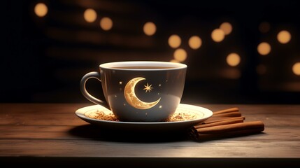 Cup of coffee with steam and bokeh lights on background