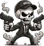 Fototapeta Pokój dzieciecy - Skull become security holding gun theme drawing in a black outfit, chibi style