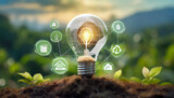Fototapeta Mapy - light bulb against nature with icons energy sources for renewable Sustainable development and business based on renewable energy. Reduce CO2 emission concept. green business based on renewable