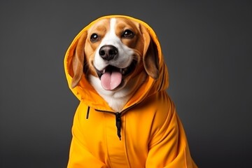 animal pet dog concept Anthromophic friendly beagle dog wearing jump suit studio shot on plain color wall