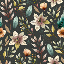 Seamless Pattern With Flowers And Leaves On A Dark Background