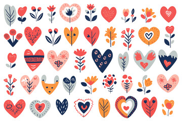 Wall Mural - Set of different hearts and plants isolated on white background. Clipart bundle, hand drawn set.