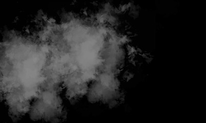 Poster - white clouds isolated on black background. Fog or smoke isolated transparent special effect. Vapor cloud isolated transparent. White fog or smoke on dark copy space background, smoke effect for photos