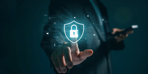 Leinwandbilder - Cybersecurity and privacy concepts to protect data. Lock icon and internet network security technology. A businessman protecting personal data and internet privacy
