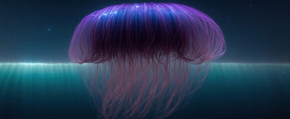 Wall Mural -  a purple jellyfish in a dark and mysterious underwater panaromic view