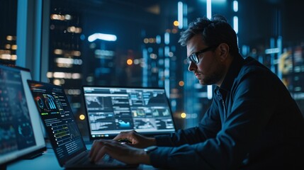 Using digital technology for data science, an engineer programs on a laptop at work to control data exchange and management using AI and business intelligence.