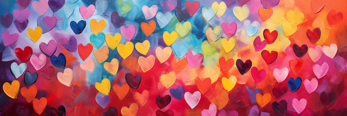 Wall Mural - Valentines day abstract hearts background banner, art painting texture, acrylic brushstroke. Panoramic web header with copy space. Wide screen wallpaper