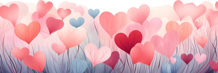 Wall Mural - Valentines day watercolor abstract hearts background banner, delightful boho illustration, artistic doodle. Panoramic web header with copy space. Wide screen wallpaper
