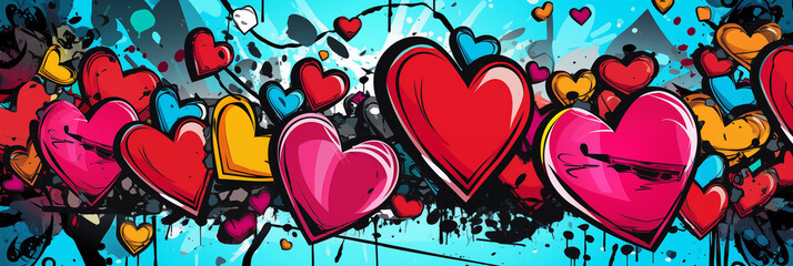 Wall Mural - Abstract colorful wall scribble hearts pattern background banner, street art graffiti texture. Panoramic web header with copy space. Wide screen wallpaper