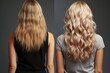 Blonde hair before and after, back view woman