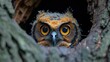  a close up of an owl looking out of a hole in the bark of a tree with its eyes wide open.