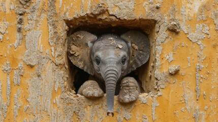 Canvas Print -  a small elephant sticking its head out of a hole in a yellow painted wall with a small elephant sticking its trunk out of a hole in a yellow painted wall.