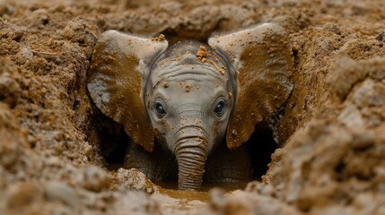 Canvas Print -  a close up of a baby elephant poking its head out of a hole in a mud covered area with it's trunk sticking out.