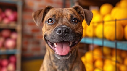 Wall Mural -  a close up of a dog in front of a fruit stand with oranges and lemons in the background.