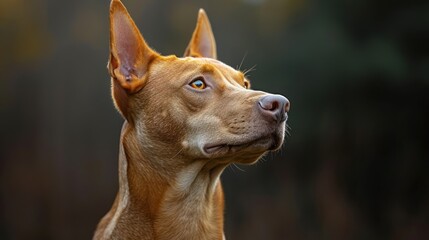 Wall Mural -  a close up of a dog's face with a blurry back ground and trees in the back ground.