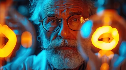 Wall Mural -  a man with glasses and a white beard holds a glowing object in front of his face and looks at the camera.