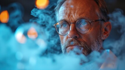 Wall Mural -  a man with glasses and a beard is looking at the camera with smoke coming out of his mouth and a lot of blue lights in the background.