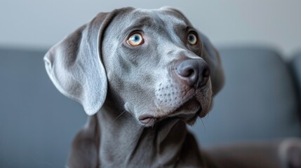 Wall Mural -  a close up of a dog's face with an intense look on it's face, with a couch in the background.