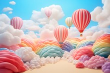 3D Rainbow Clouds And Balloons Set, Multi-Layered Collage-Like Style, Minimalist Stage Designs With Vibrant Elements