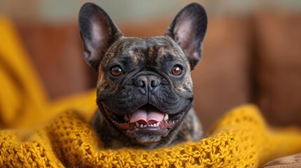 Wall Mural -  a close up of a dog laying on a couch with a blanket on it's back and it's mouth open.