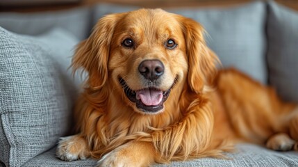 Canvas Print -  a close up of a dog laying on a couch with it's paws on the back of the couch.