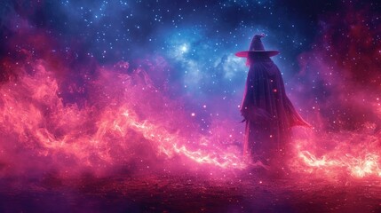 Canvas Print -  a wizard standing in the middle of a field of fire with a hat on his head and a cloak on his shoulders.