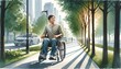 The image shows a young man in a wheelchair smiling and moving along a tree-lined sidewalk in an urban environment.