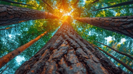 Sticker -  a view looking up at the tops of tall trees in a forest, with the sun shining through the trees.