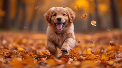 Canvas Print -  a golden retriever running through a leaf strewn forest in the fall with its mouth open and it's tongue out.