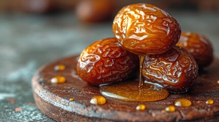 Canvas Print -  a close up of some kind of food on a wooden plate with sauce pouring out of the top of it.