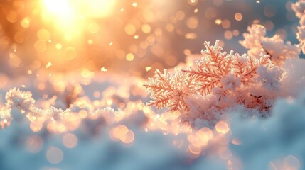 Sticker -  a close up of a bunch of snow flakes on top of a pile of snow with the sun in the background.